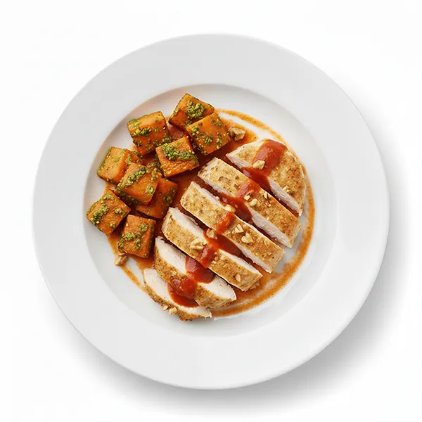 Walnut-crusted chicken with basil baked carrots and sage pomodoro sauce